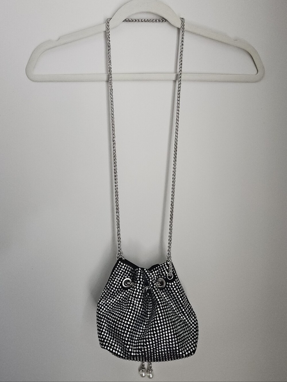 Black Rhinestone Mini Drawstring Bag With Chain - Picture 2 of 7